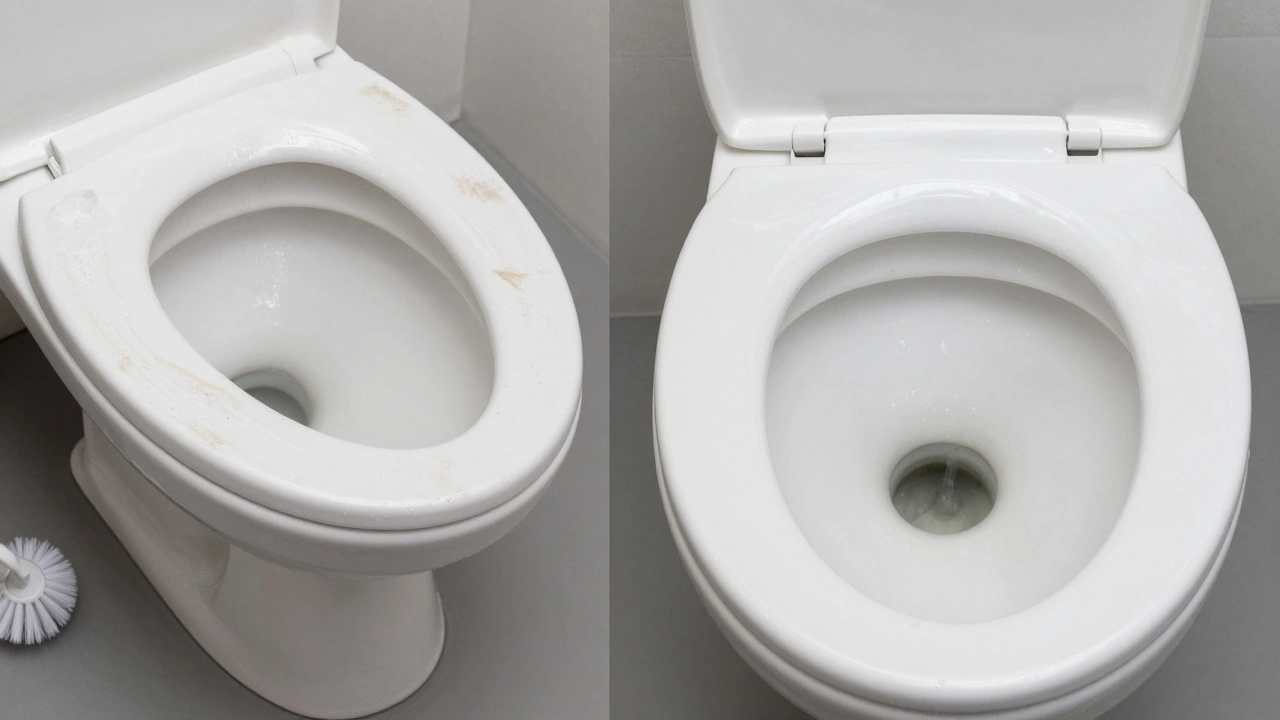 Сравнение: унитаз с ободком с известковым налетом и унитаз без ободка без загрязнений.