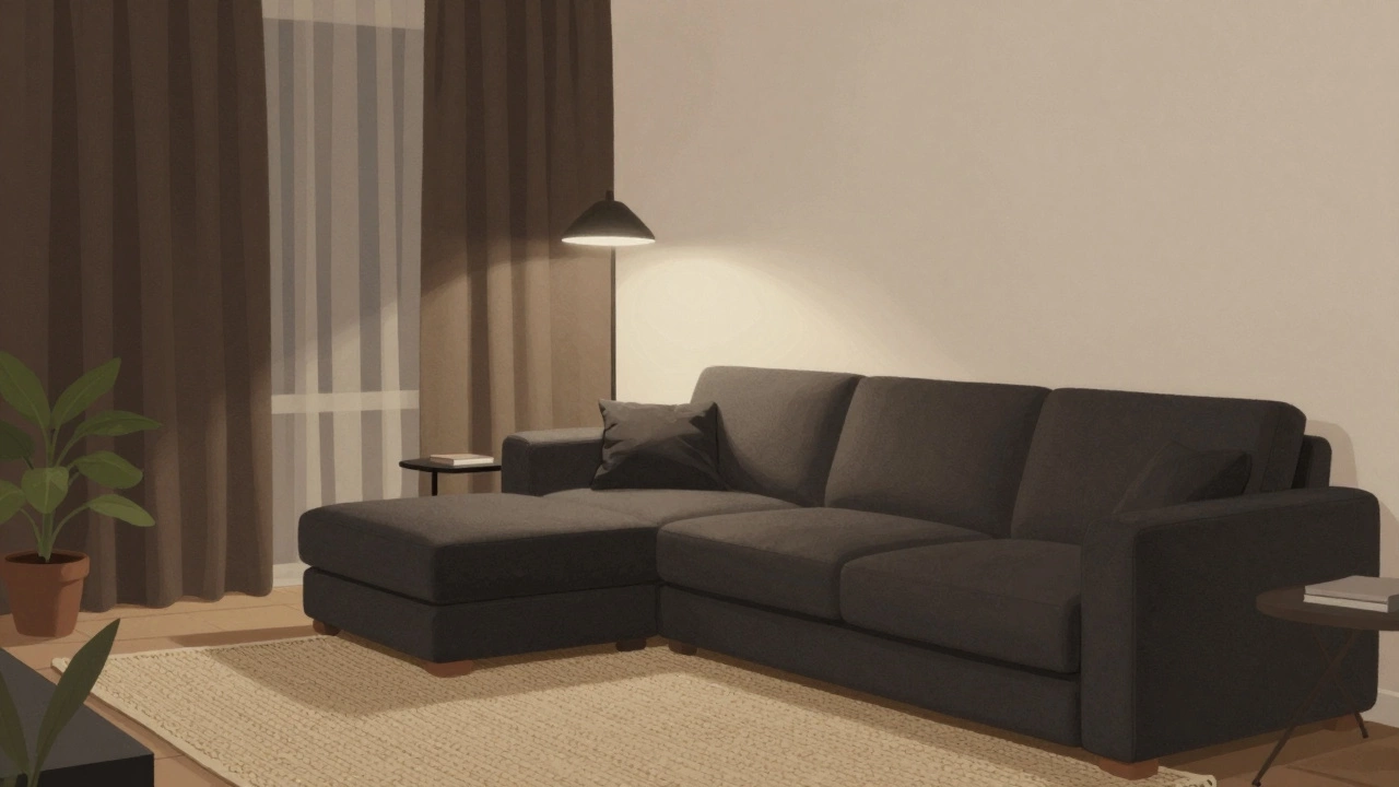 Темный угольно-серый диван в маленькой гостиной, контрастирующий с кремовыми стенами и темными шторами, мягкий свет лампы.