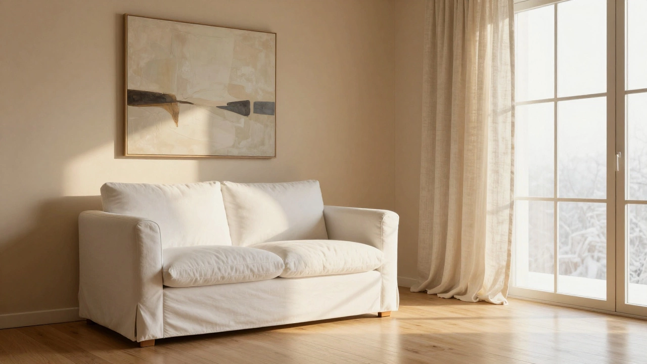 Тёплый бежевый фон с белой мягкой мебелью и мягким светом в уютной гостиной.