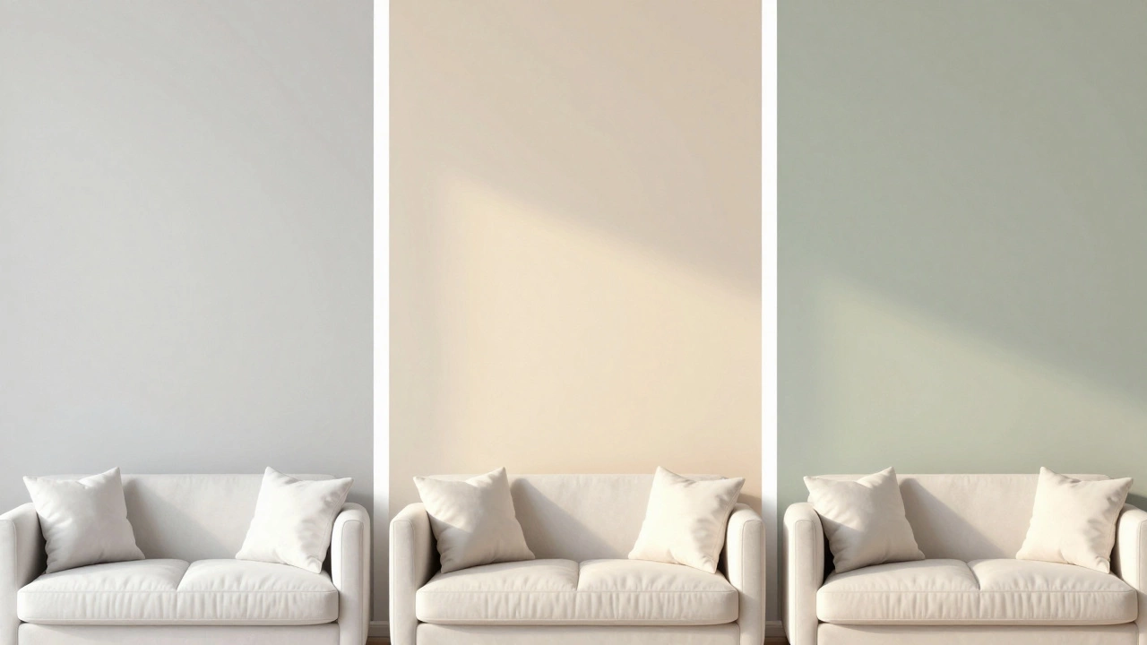 Три образца цветов стен рядом с белой мебелью, показывающие разницу при разном освещении.
