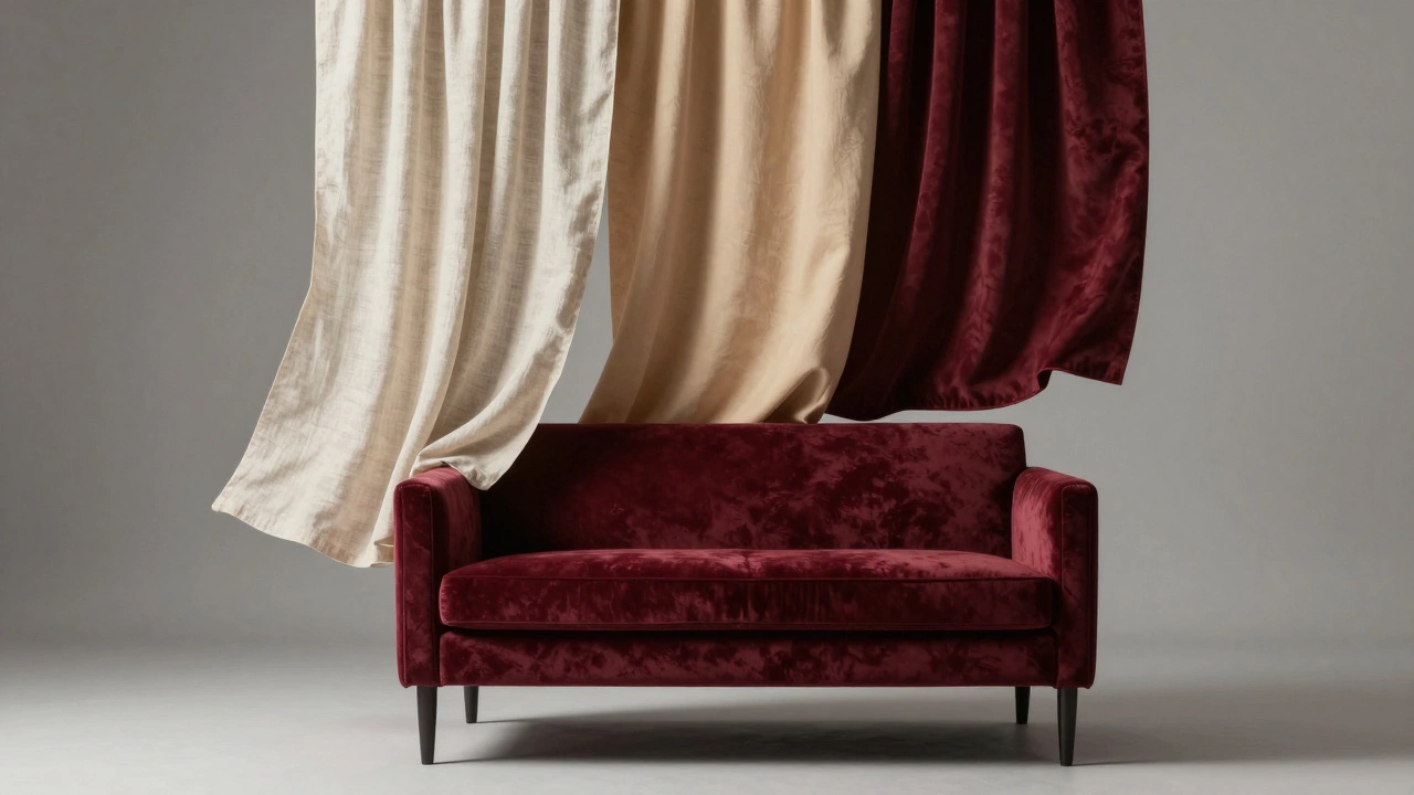 Три тканевых образца: лен, бежевая стена и бордовый бархат, плавающие в воздухе, подчеркивающие визуальную глубину цветов.