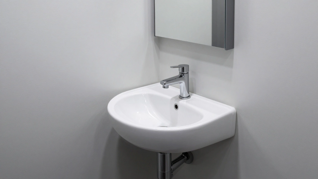 Угловая раковина в форме четверти круга в маленькой ванной, экономящая пространство и совмещенная с шкафом.