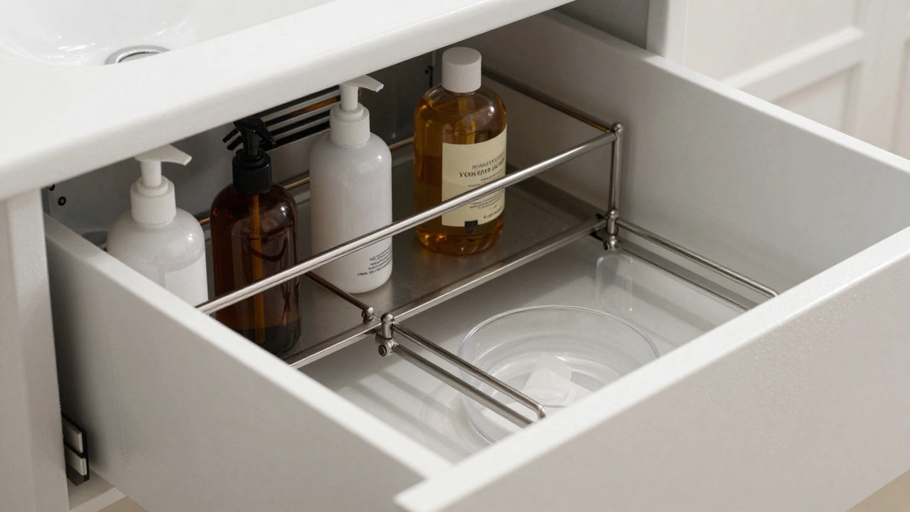 Внутренний механизм ящика тумбы с металлическими направляющими и регулируемой полкой для средств.