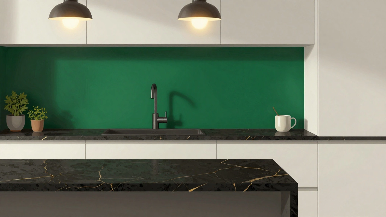 Зеленый фартук на современной кухне с белыми шкафами и темной столешницей с золотыми прожилками.