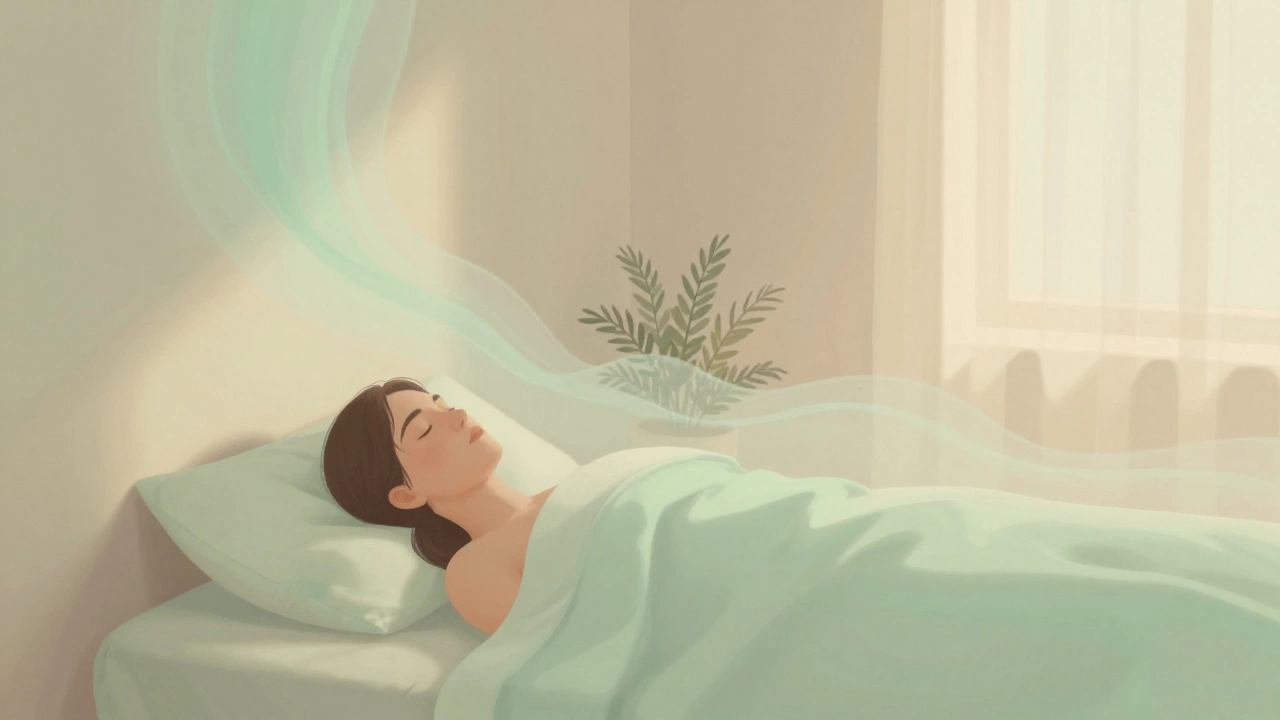 Человек в кровати, окутанный успокаивающими пастельными тонами зелёного и бежевого.