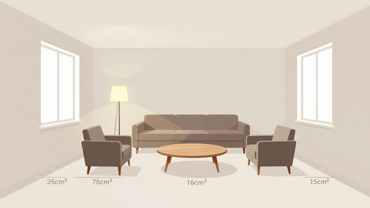 Центральный диван-остров в квадратной гостиной, окруженный проходами, с журнальным столиком и креслами.