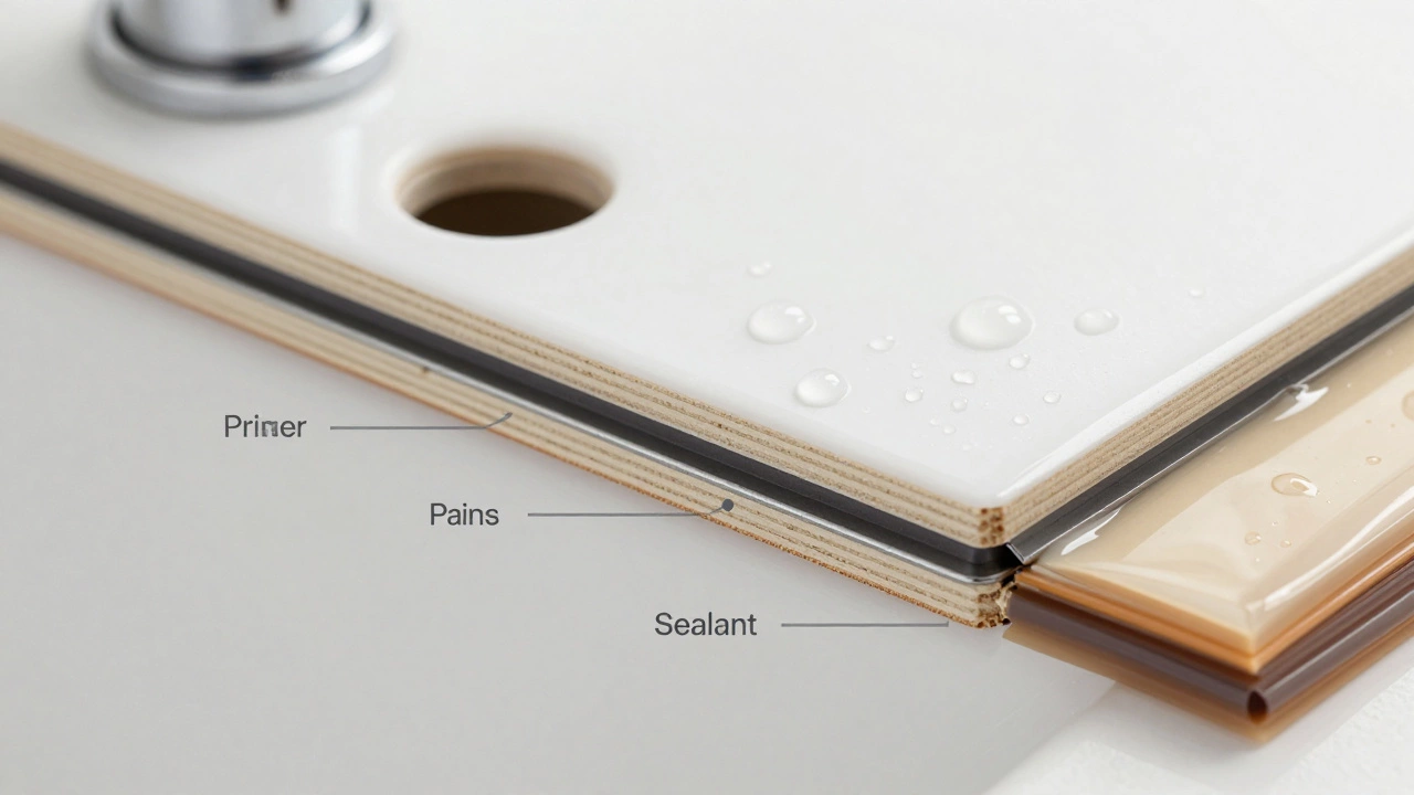 Детали защиты краёв отверстия под сифон: герметик, металлическая втулка и слои влагостойкой обработки.