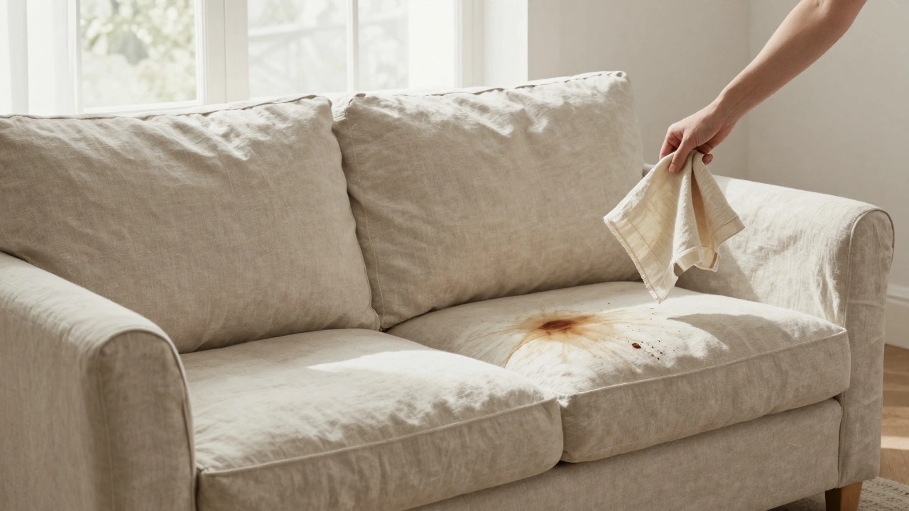 Диван из льна с пятном от чая, ткань мятая и выцветшая на солнце.