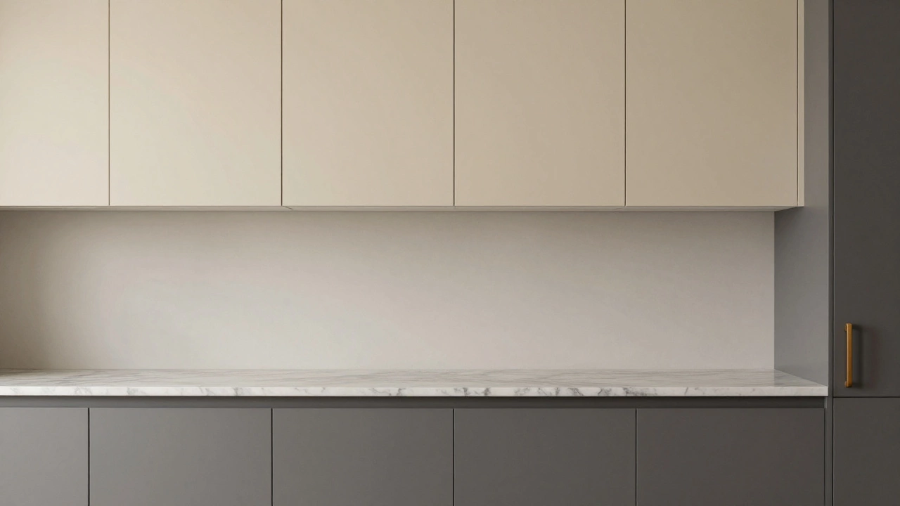 Двухцветный кухонный гарнитур: верх — тёплый крем, низ — тёмный графит, с бронзовой ручкой.