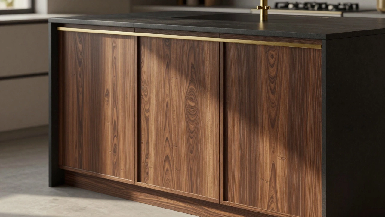 Фасады из ламинированного МДФ с реалистичной текстурой натурального дерева под светом.