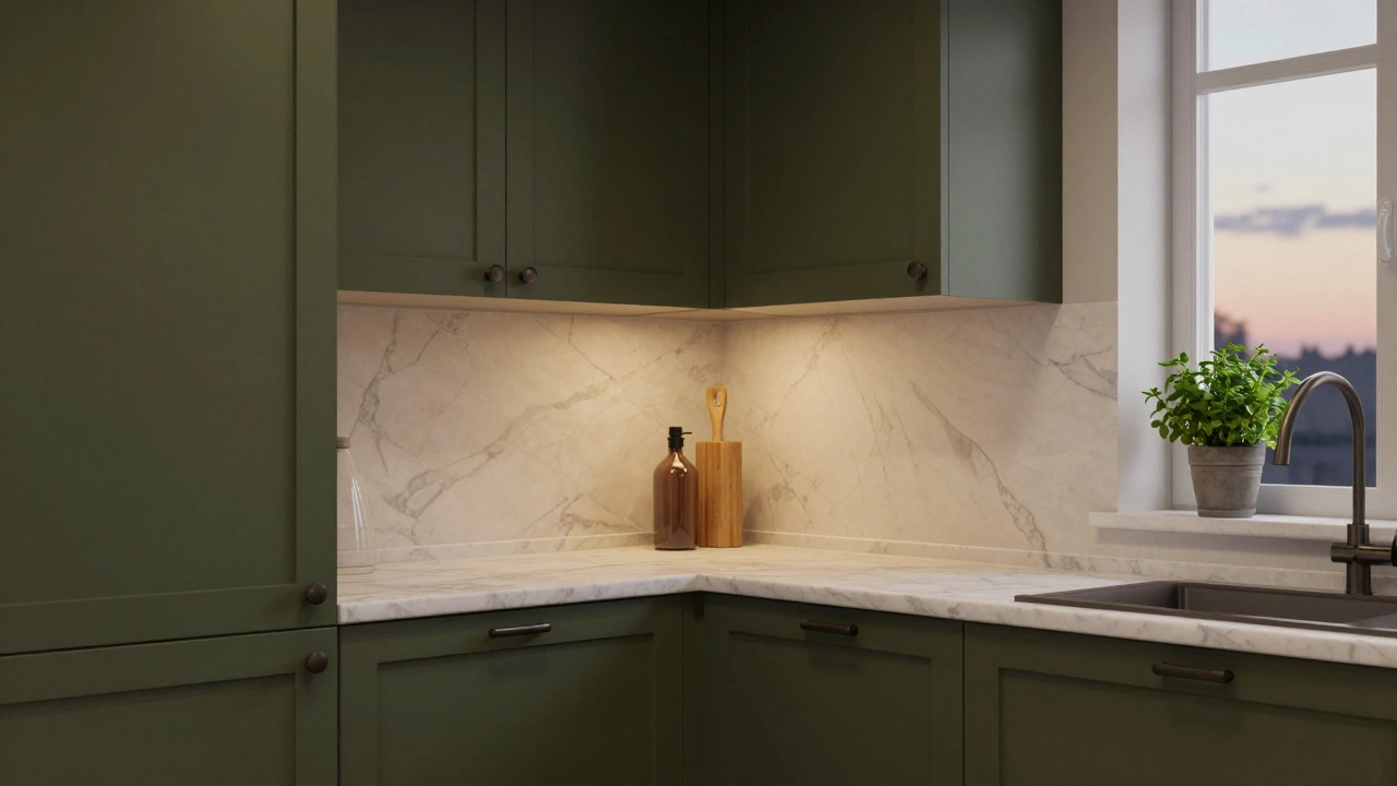 Глубокий оливковый кухонный гарнитур с мраморной столешницей и темной фурнитурой в вечернем свете.