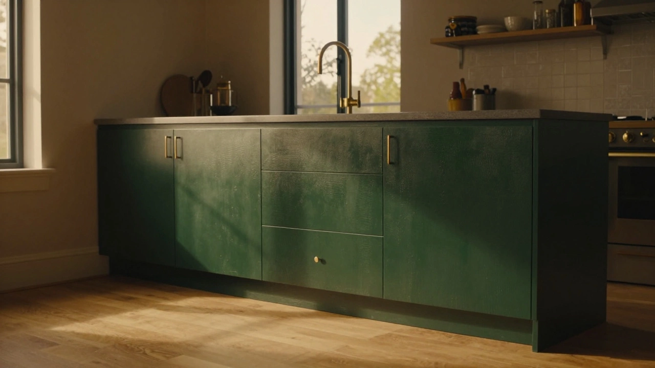 Глубокий зелёный кухонный гарнитур в тёплом освещении с деревянным полом и бронзовыми акцентами.