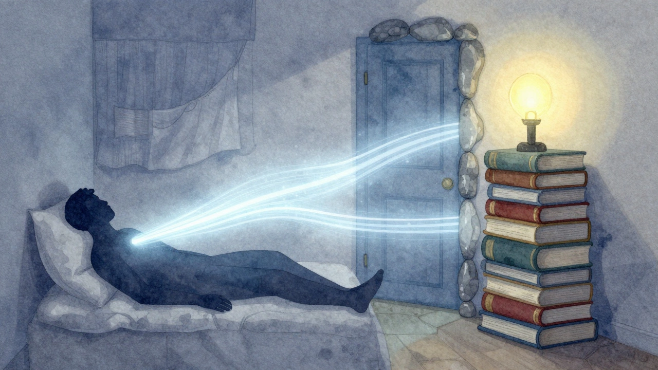 Художественное изображение сна: энергия уходит к двери, но блокируется книгами, шторой и лампой — символы защиты.