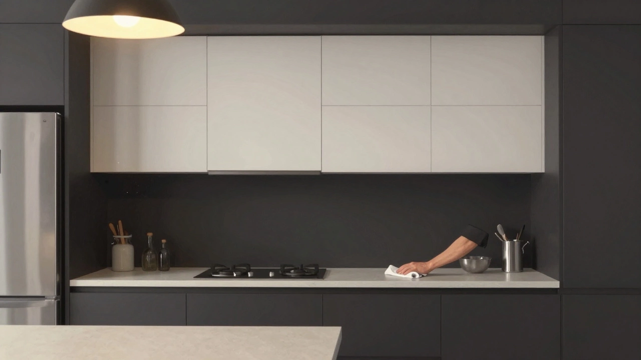 Кухня с темными матовыми нижними и белыми матовыми верхними шкафами, человек протирает столешницу.