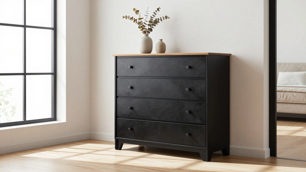 Матовый черный комод с текстурой, похожей на кожу, в светлом интерьере