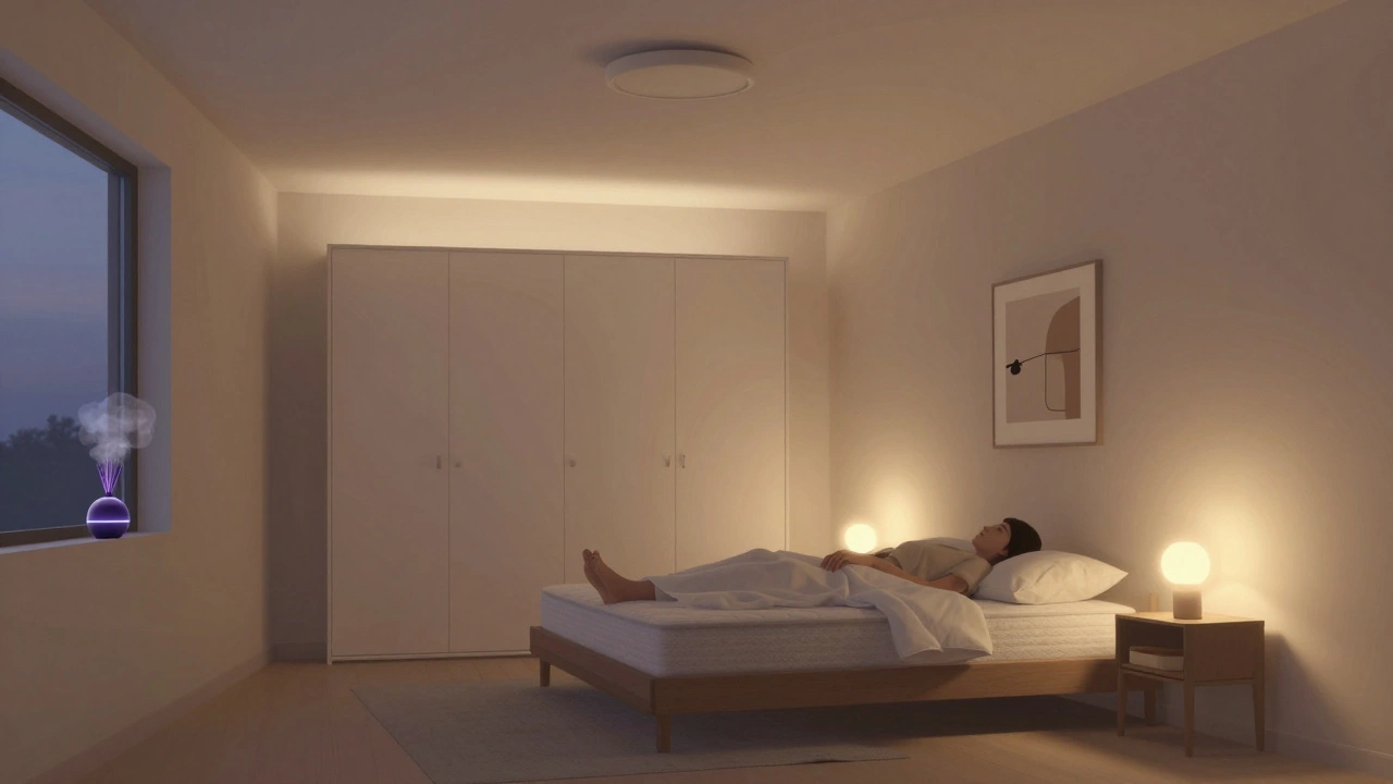Минималистичная спальня в сумерках с трёхуровневым освещением и увлажнителем воздуха на тумбочке.