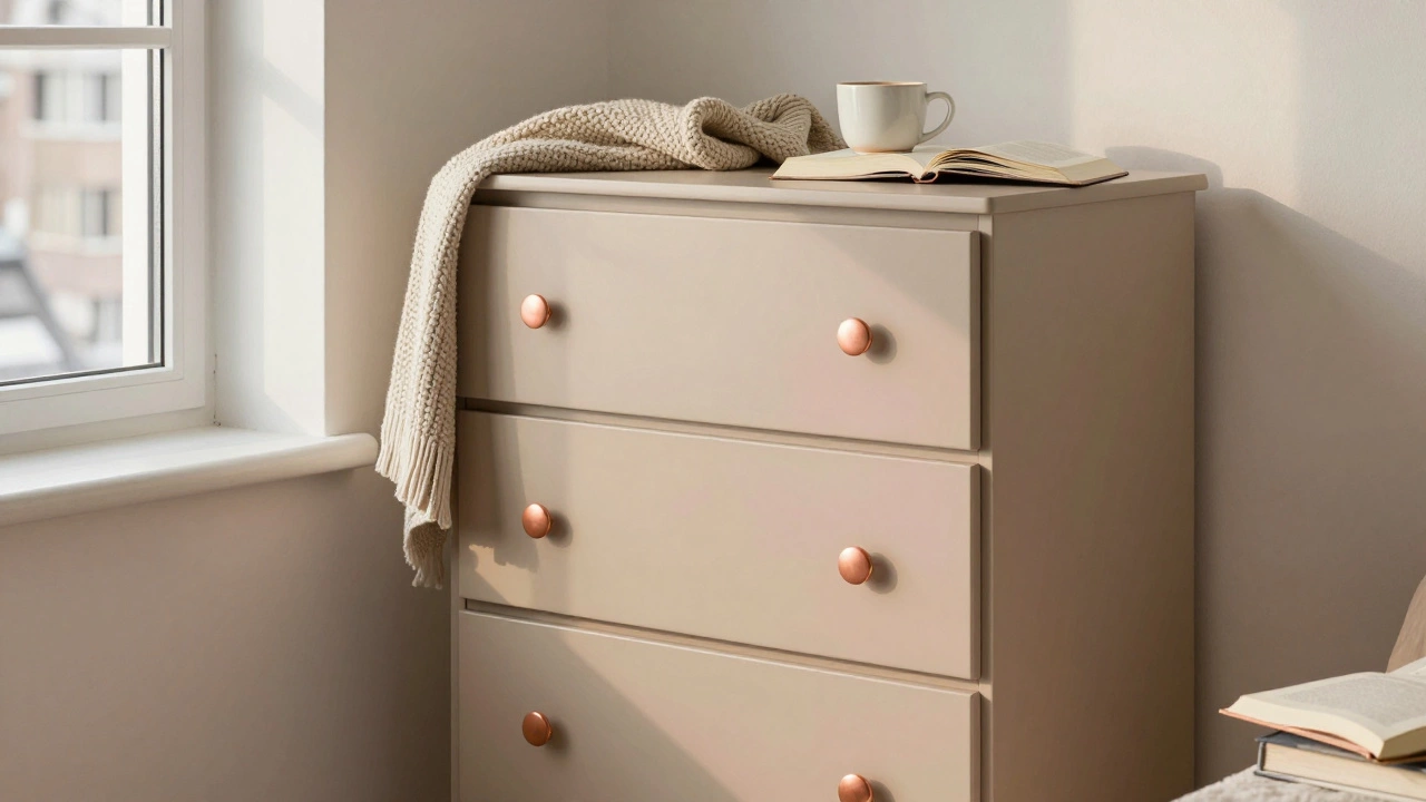 Пепельно-бежевый комод с медной ручкой в уютной комнате