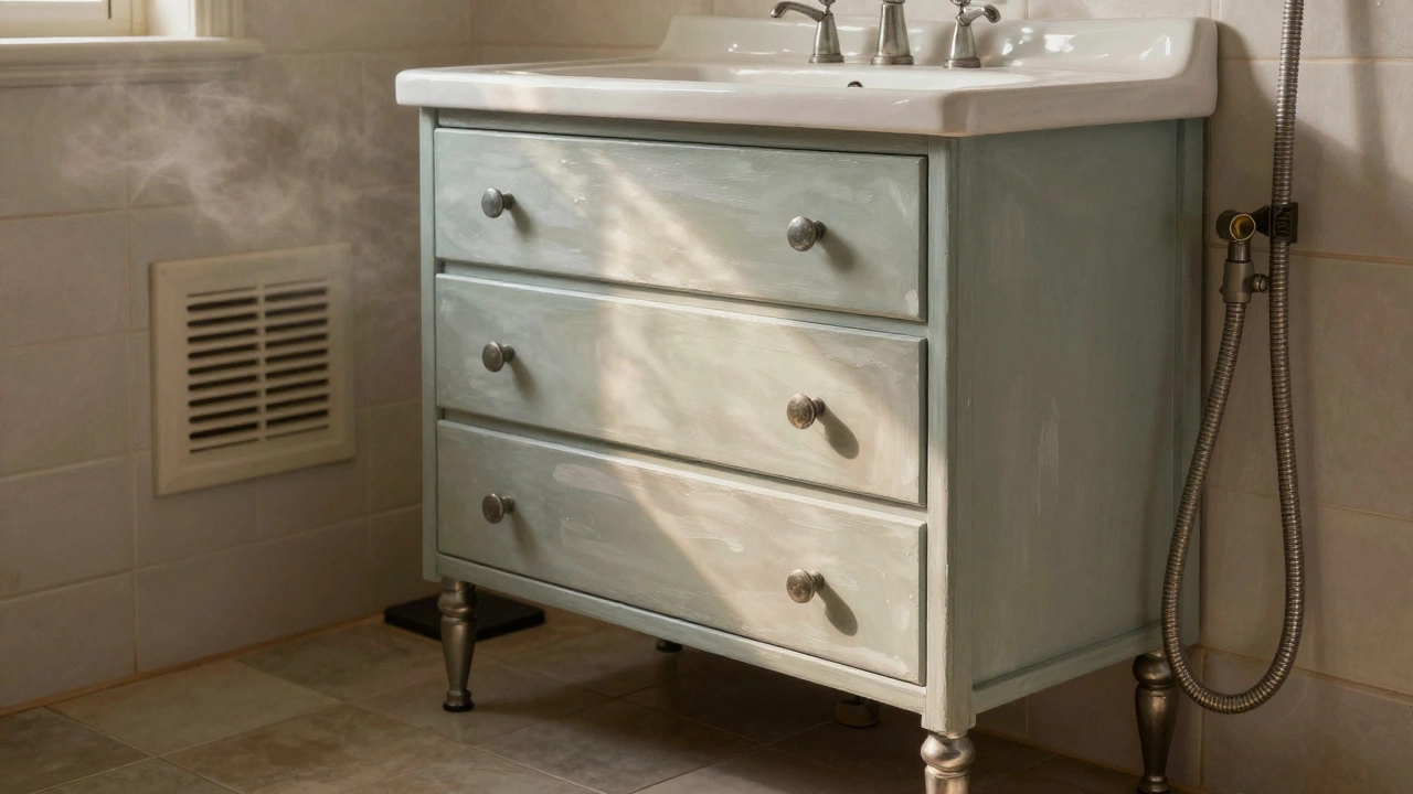 Переделанная тумба под раковиной в ванной с регулируемыми ножками и вентиляционной решёткой.