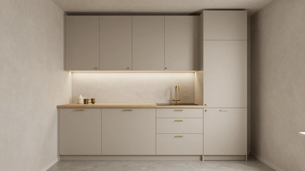 Песочный кухонный гарнитур с дубовой столешницей и матовой латунной фурнитурой в маленькой кухне.