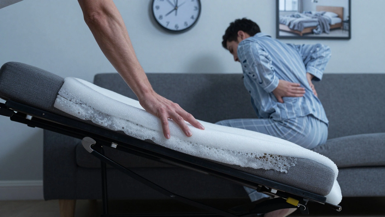 Рука ощупывает тонкий матрас дивана, обнажая металлическую раму, человек страдает от боли в спине.