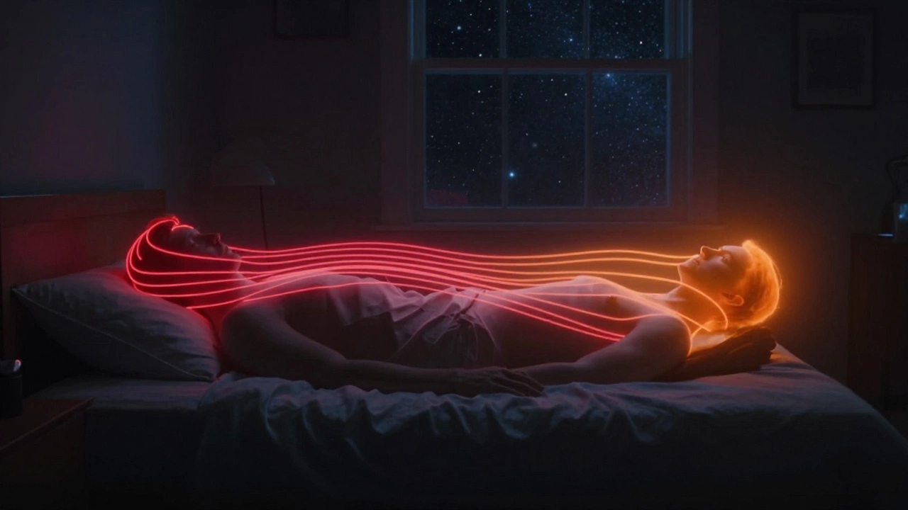 Схематичное изображение тела в кровати: магнитные поля Земли взаимодействуют с головой — спокойный синий свет при северном направлении.