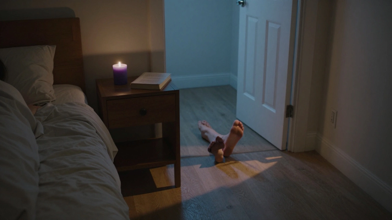 Спящий человек у кровати, ноги к двери, между ними — тумбочка с свечой, тень от двери падает на пол.