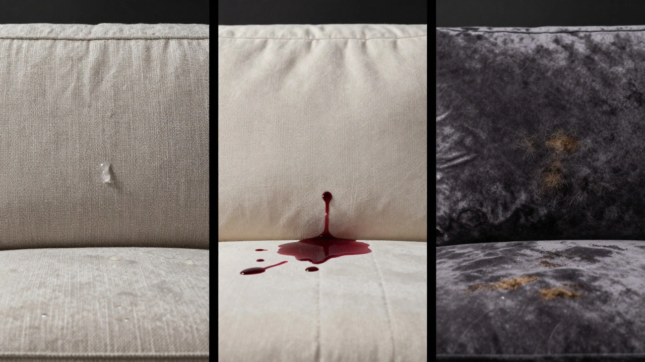 Сравнение трёх тканей: микроткань отталкивает воду, полиэстер — вино, бархат — пятна.