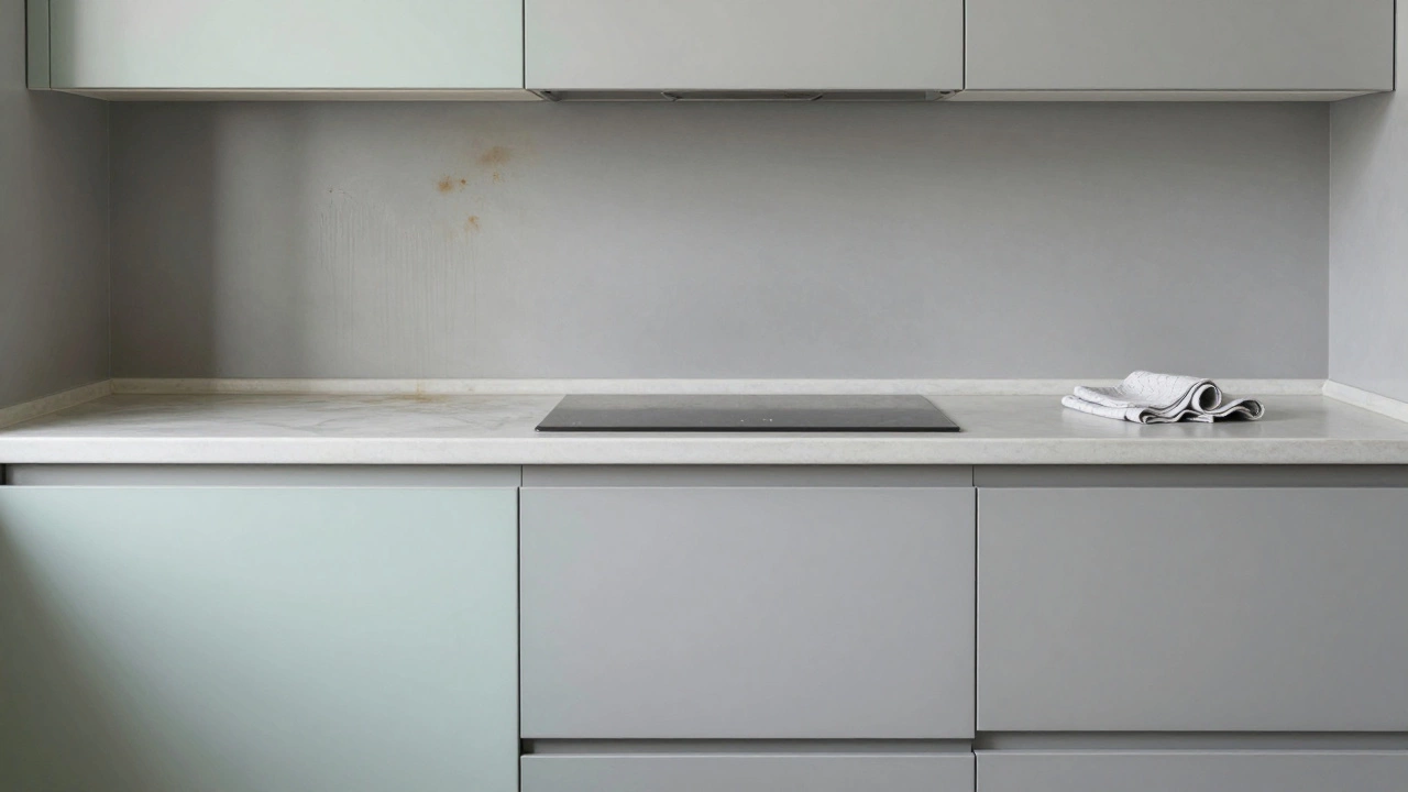 Сравнение выцветшей пастельной кухни и чистой матово-серой, подчеркивающее долговечность.