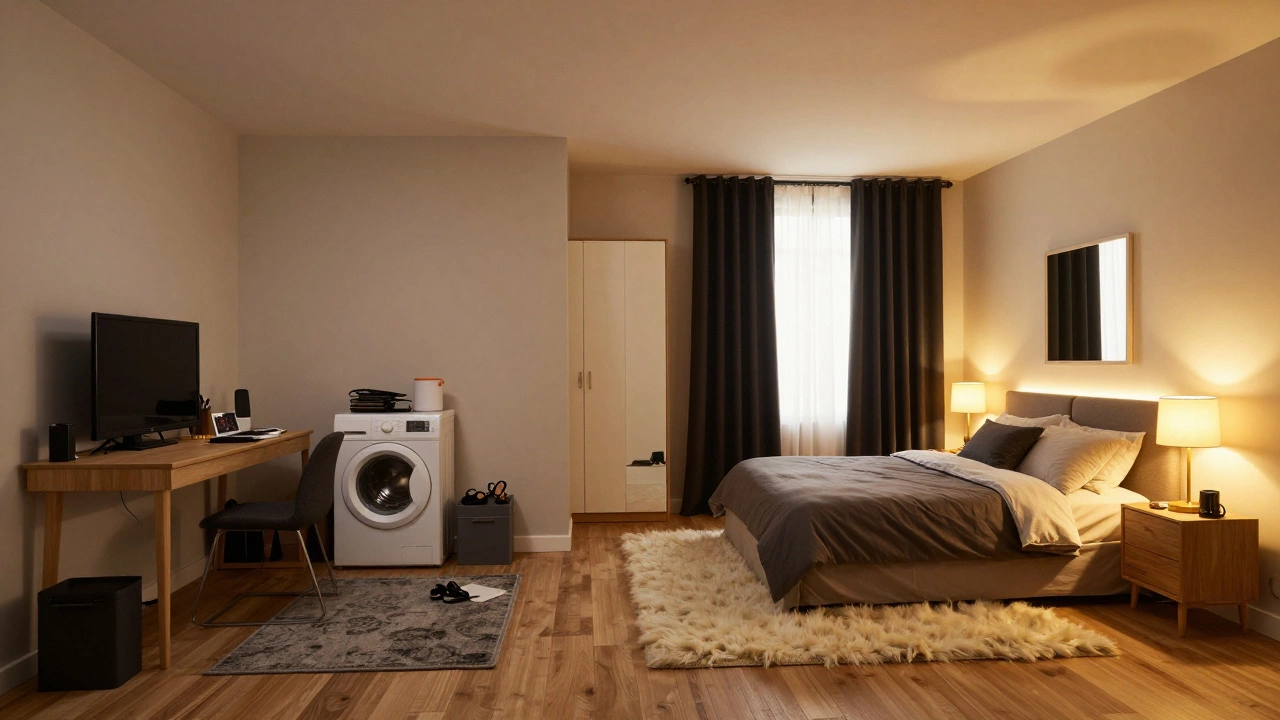 Сравнение захламлённой спальни и упорядоченного пространства с essentials: кровать, шкаф, зеркало, ковёр.