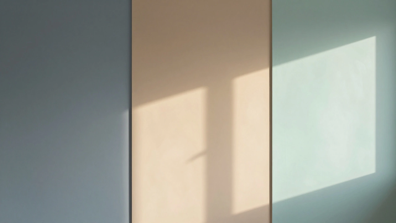 Три образца краски на стенах, освещённые разным светом в течение дня.