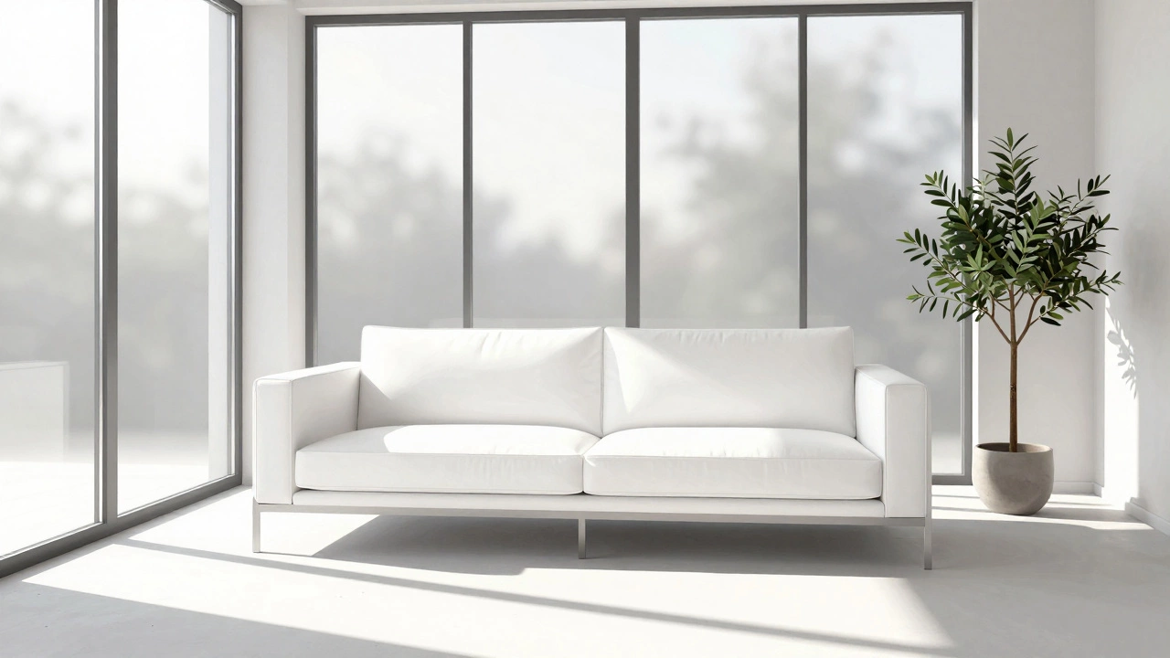 Чисто белый диван в минималистичной гостиной с панорамными окнами, металлической мебелью и зеленым растением.