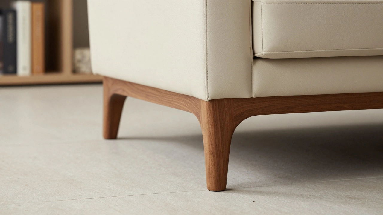 Деталь ножки дивана из лакированного дуба на светлом полу, без тканевой юбки, подчеркивающая легкость дизайна.