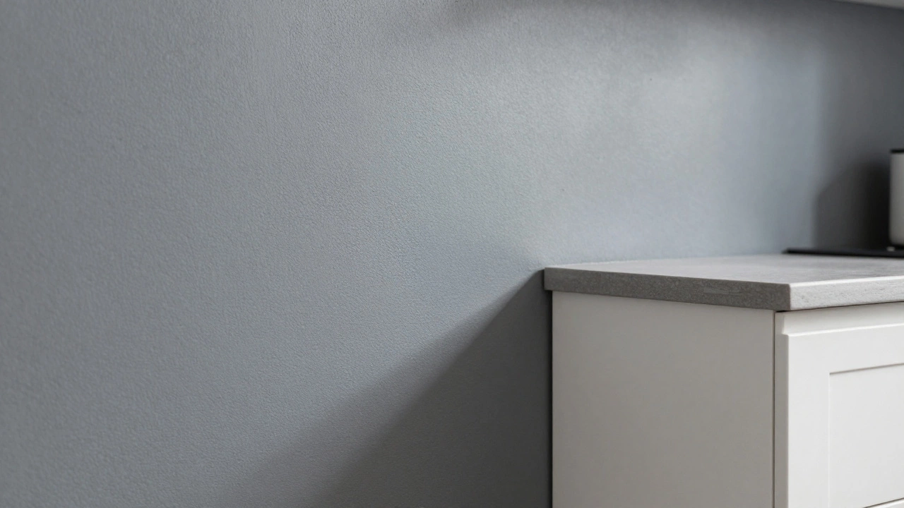 Деталь текстурированных серых обоев с отливом рядом с белым фасадом кухни.