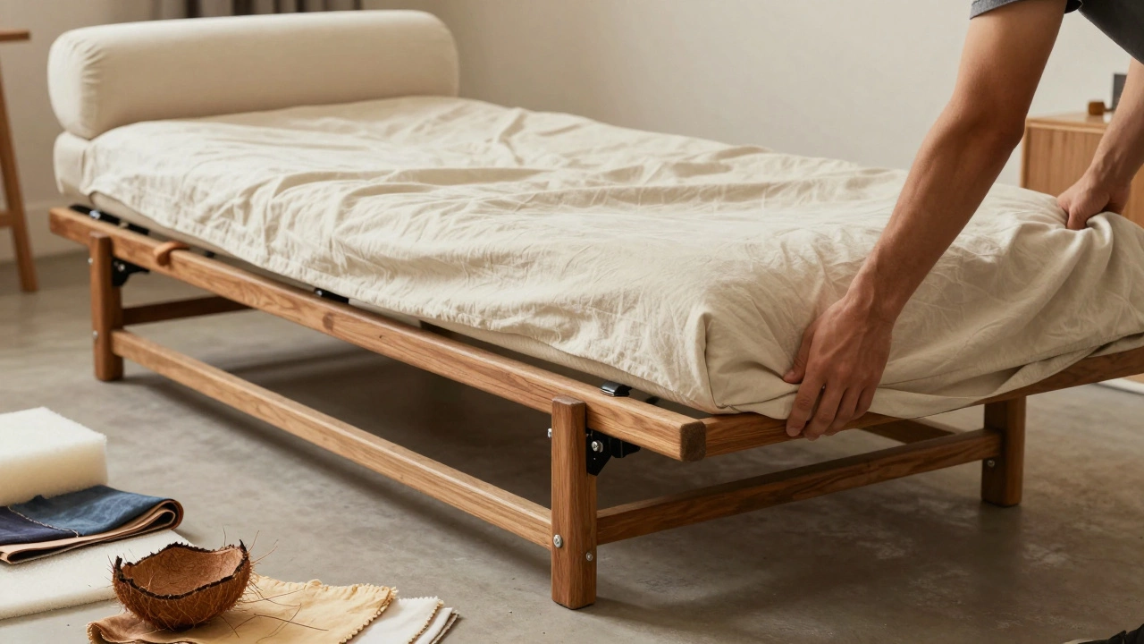 Детали механизма и материалов ортопедического дивана: деревянный каркас, металлический механизм и натуральные наполнители.