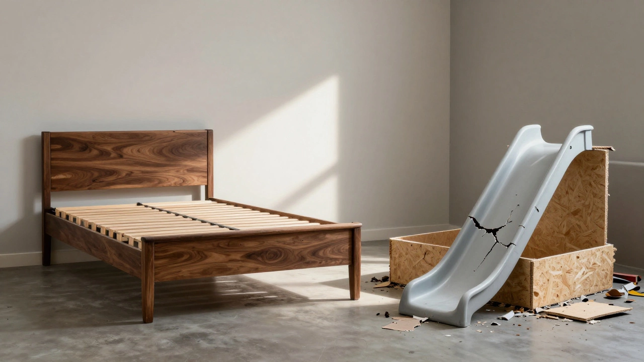 Дорогая мебель из массива через 10 лет в идеальном состоянии и дешевая мебель на свалке, развалившаяся и отслоившаяся.