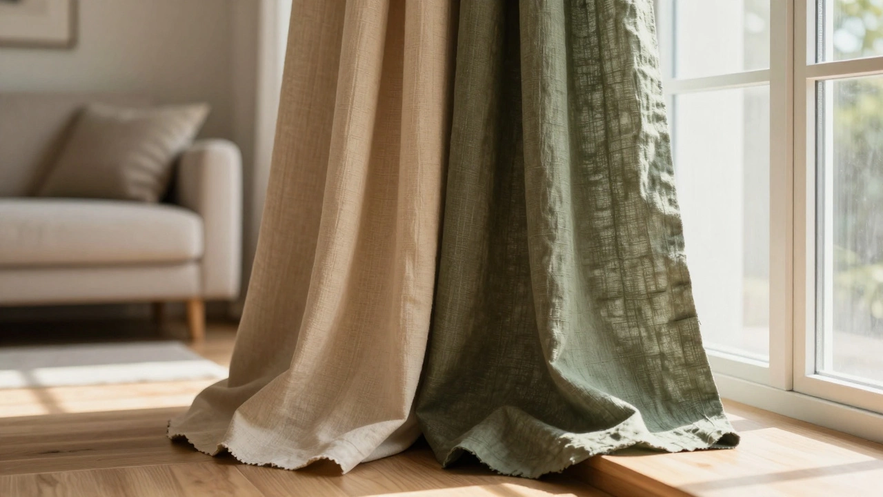 Два образца ткани — бежевый диван и оливковые шторы — на подоконнике при естественном свете, подчеркивающие гармонию оттенков.