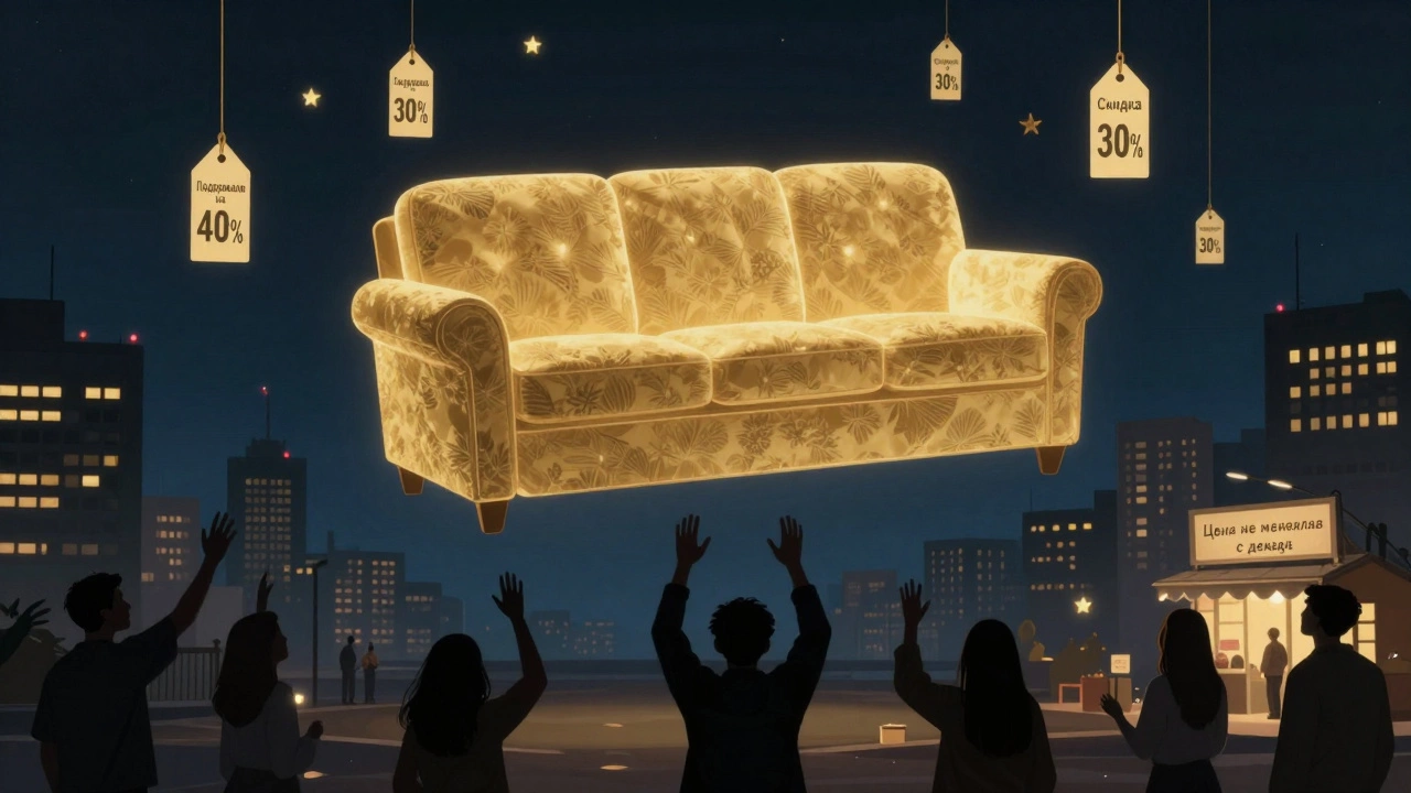 Гигантский диван в небе над городом с ценниками 'Подорожало' и 'Скидка', люди тянутся к нему впустую.