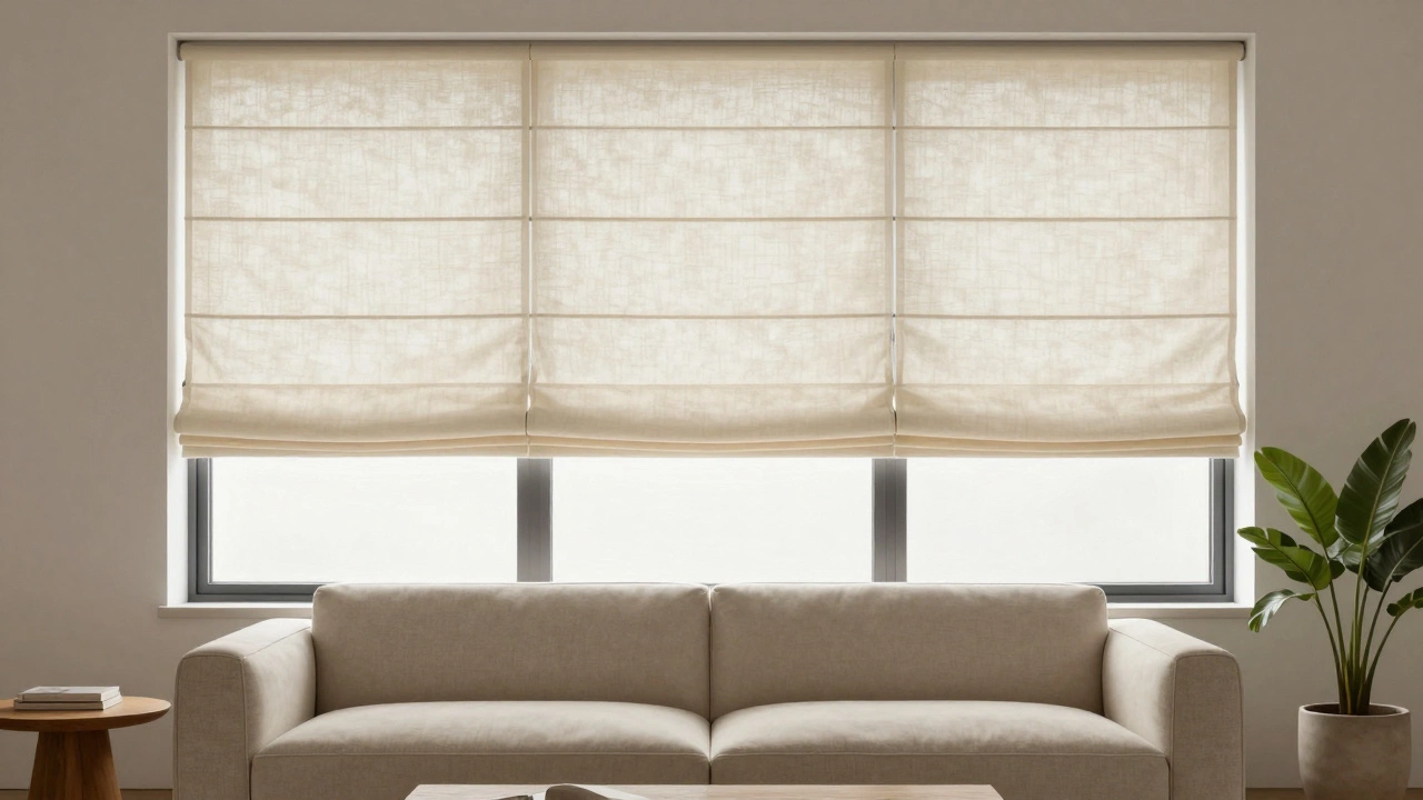 Минималистичная комната в скандинавском стиле с бежевым диваном и слоновой костью римскими шторами из смесовой ткани.