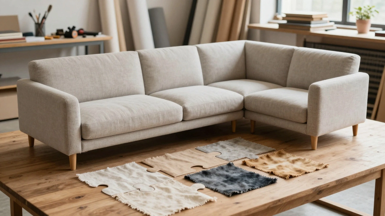 Модульный диван в процессе сборки: отдельные элементы из ткани, дерева и наполнителя на деревянном столе в мастерской.