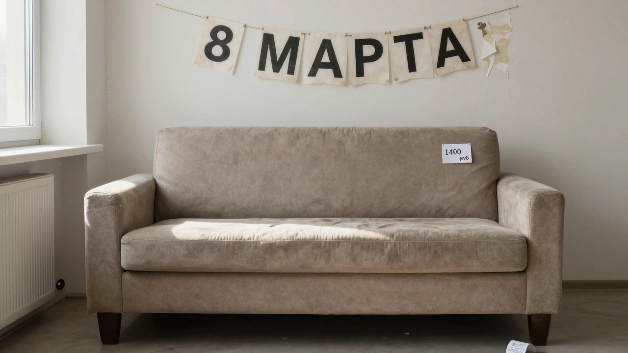 Простой диван в пустой комнате весной, на стене обрывок баннера '8 марта', цена 1400 руб.