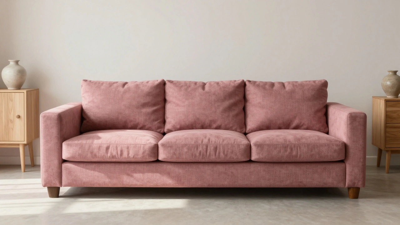 Пыльно-розовый диван в маленькой гостиной, визуально расширяющий пространство, с текстурной тканью и мягким утренним светом.