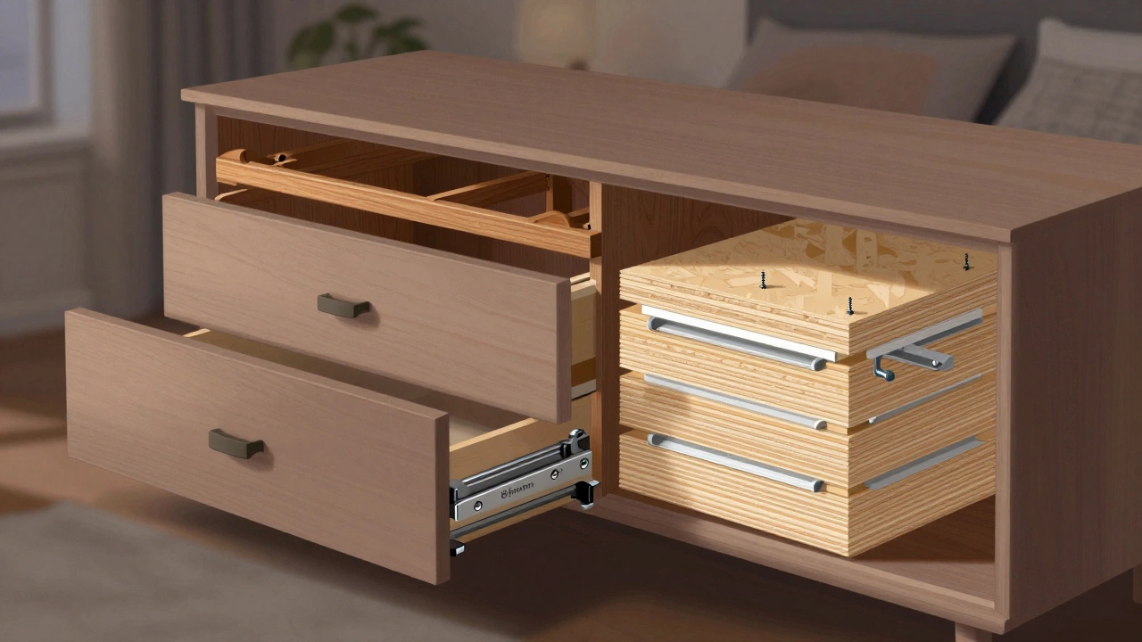Разрез мебели: слева — деревянные шипы и металлические направляющие, справа — слои ДСП и пластиковые рейки.