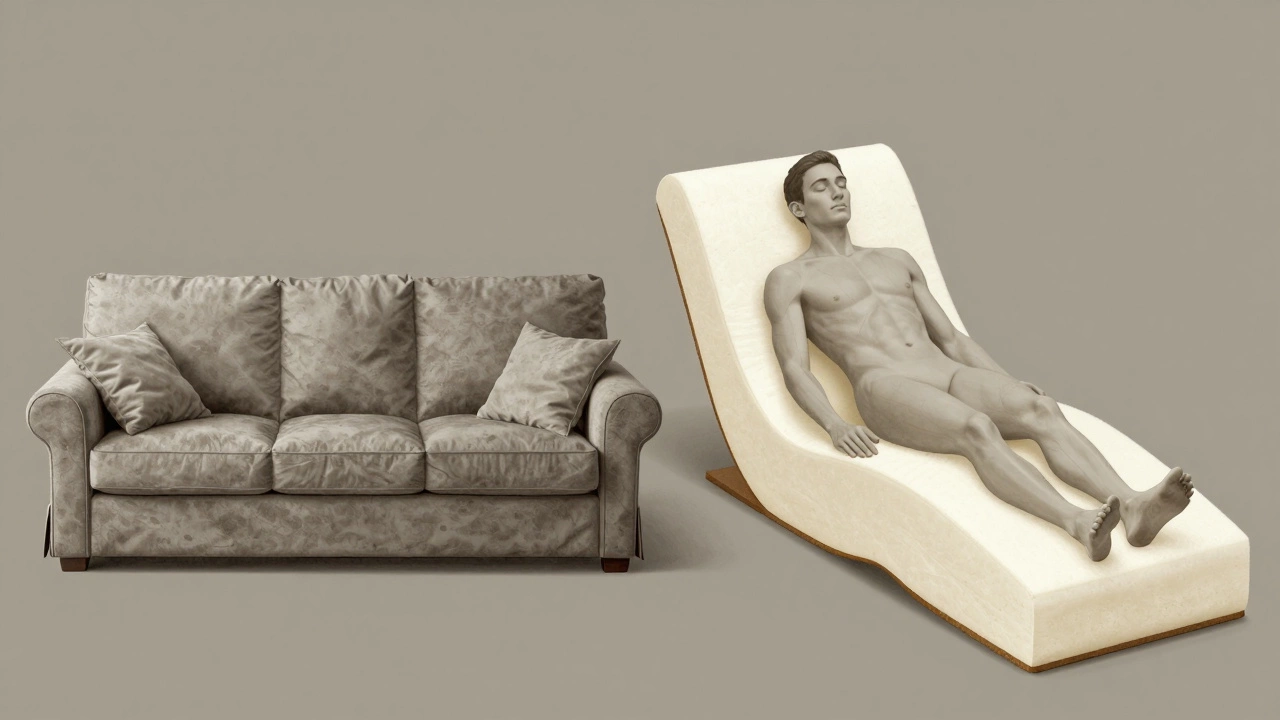 Сравнение: дешевый диван с провисающей поверхностью и качественный ортопедический диван с поддержкой позвоночника.