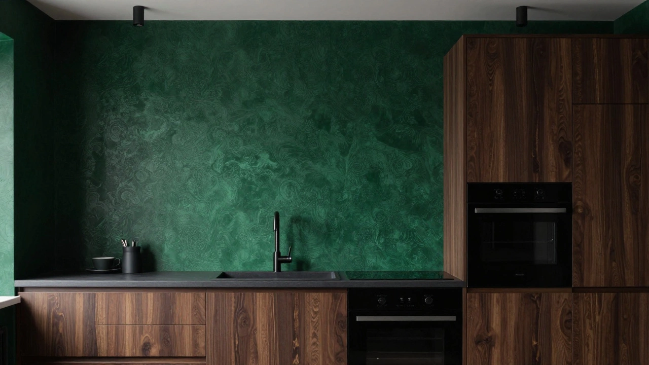 Темно-зеленая акцентная стена в кухне с матовой техникой и мягким освещением.