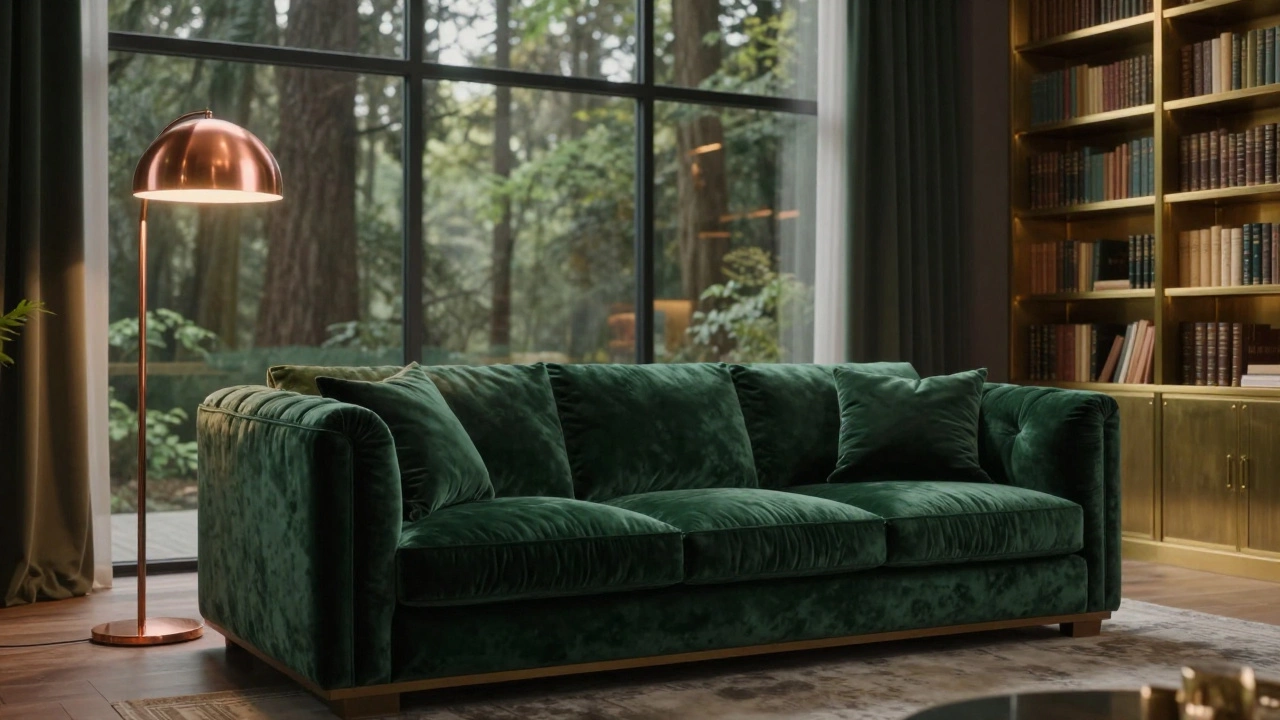 Темно-зеленый бархатный диван в просторной гостиной с медными акцентами и большими окнами под теплым светом лампы.