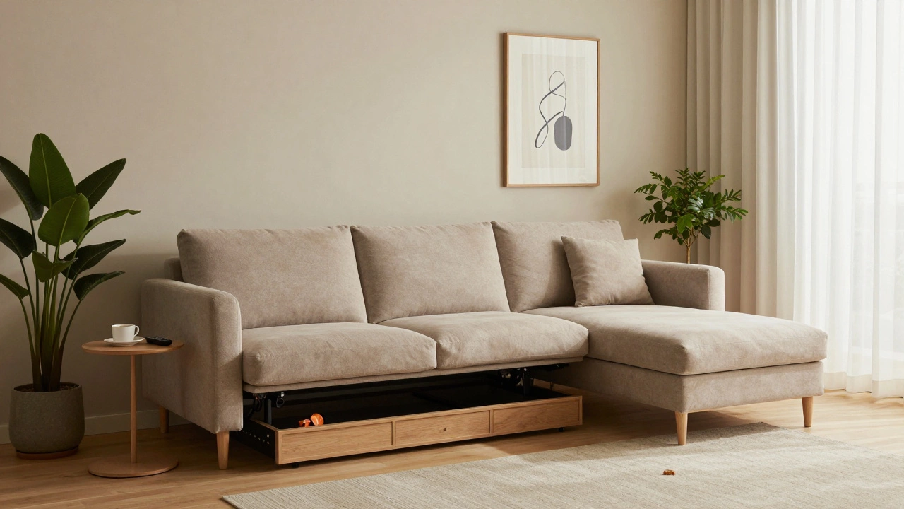 Угловой диван с подъемным механизмом и закрытыми ящиками, рядом — небольшой стол и одна картина на стене.