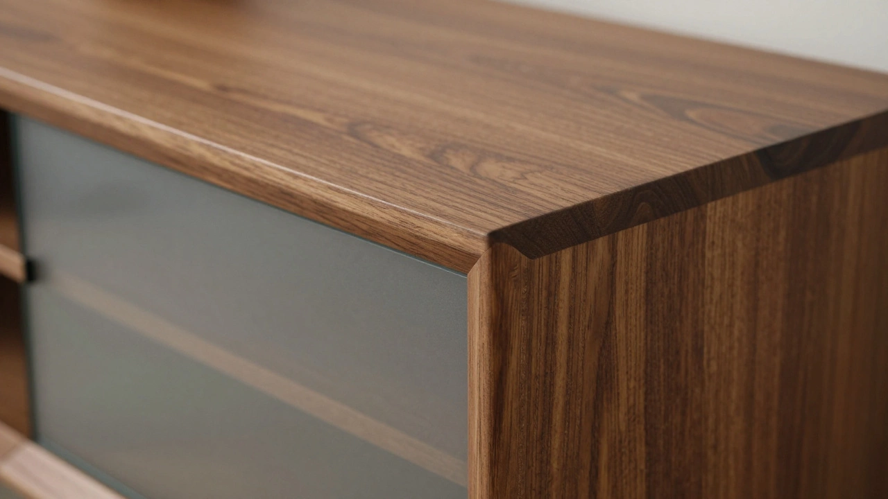 Деталь текстуры мебели из МДФ и стекла с подсветкой и фурнитурой