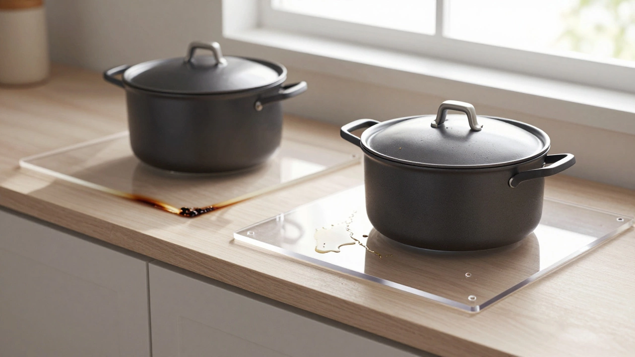 Горячая кастрюля на кухонной столешнице: одна вызывает повреждение пленки, другая — не оставляет следов на пластике.