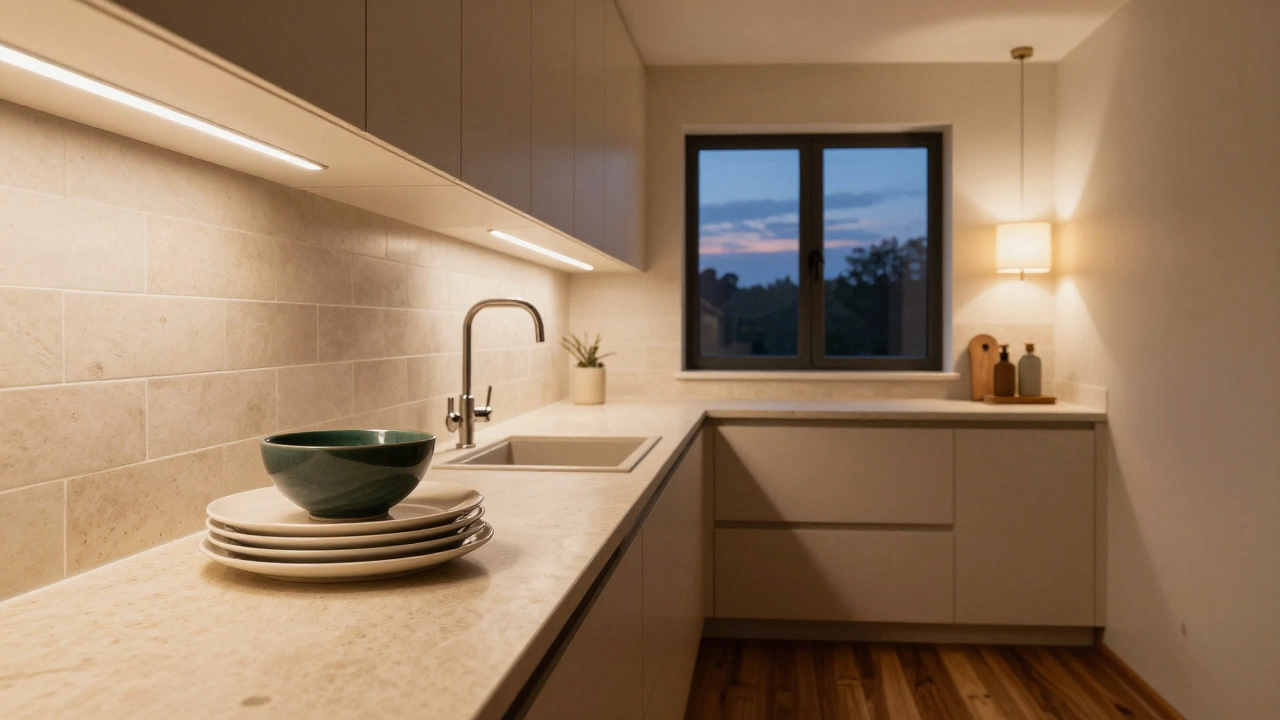 Кухня с бежевыми фасадами, тёплым камнем и тёмным деревянным полом, освещённая мягким вечерним светом с керамической посудой на столе.