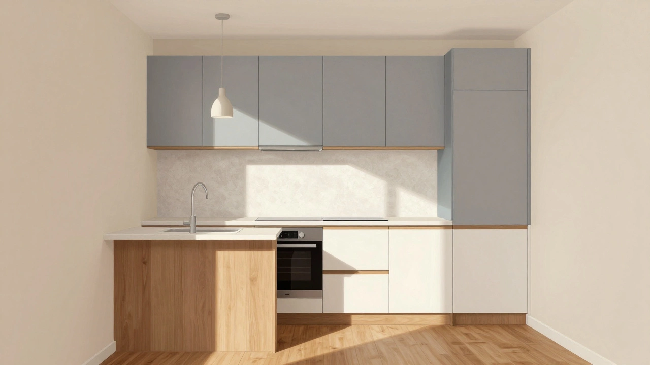 Кухня с верхними серыми и нижними белыми фасадами, светлым фартуком и текстурным полом, освещённая подсветкой под шкафами.